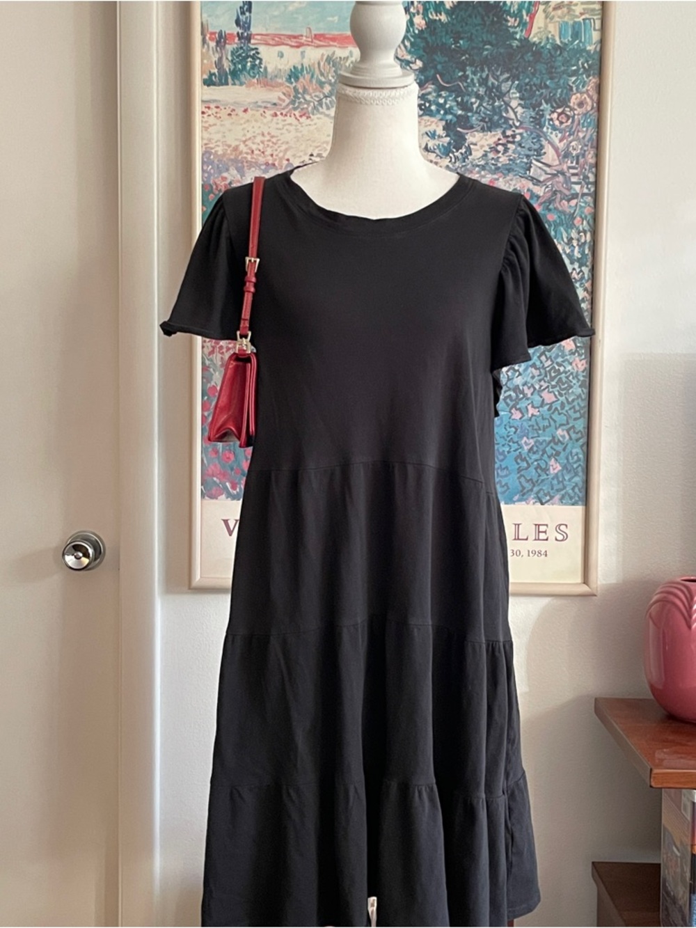 J.Crew Black T-Shirt Dress Large Tiered Short Sleeve Cotton Cottagecore
